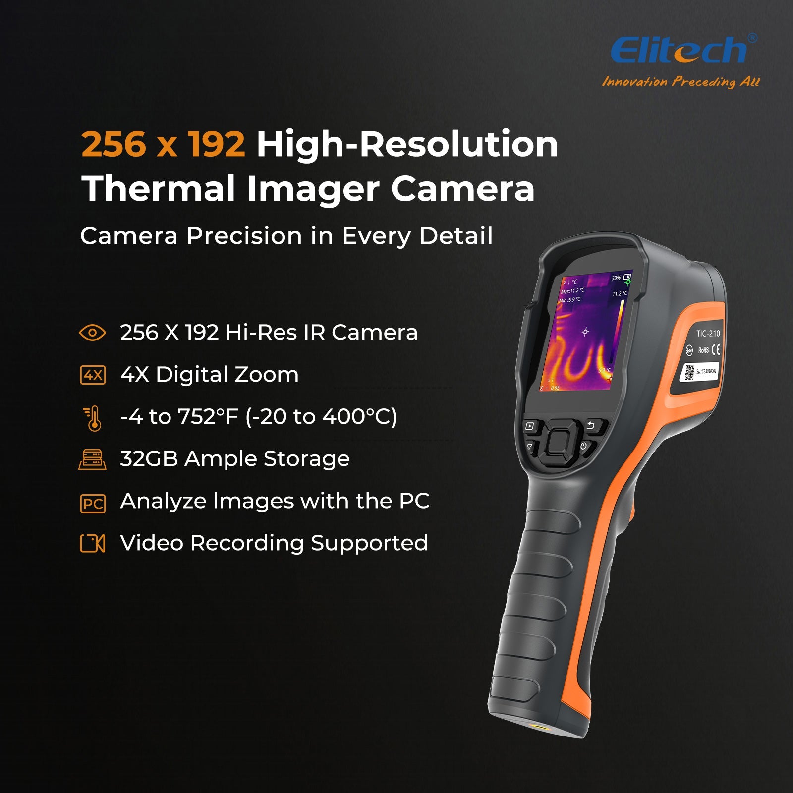 (Pre - order) Elitech TIC - 210 Handheld Thermal Imaging Camera – Infrared Thermal Imager with 256×192 IR Resolution, Real - Time Video Recording, Emissivity & Temp Alarm Settings, for HVAC, Electrical, Building Inspection - Elitech Technology, Inc.