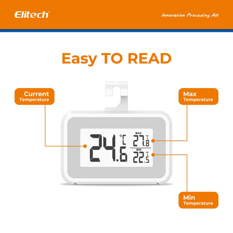 （Pre - order）Elitech Fridge Thermometer Digital Freeze Refrigerator Thermometer Waterproof Large LCD Display Max/Min Record Function TM - 2T - Elitech Technology, Inc.