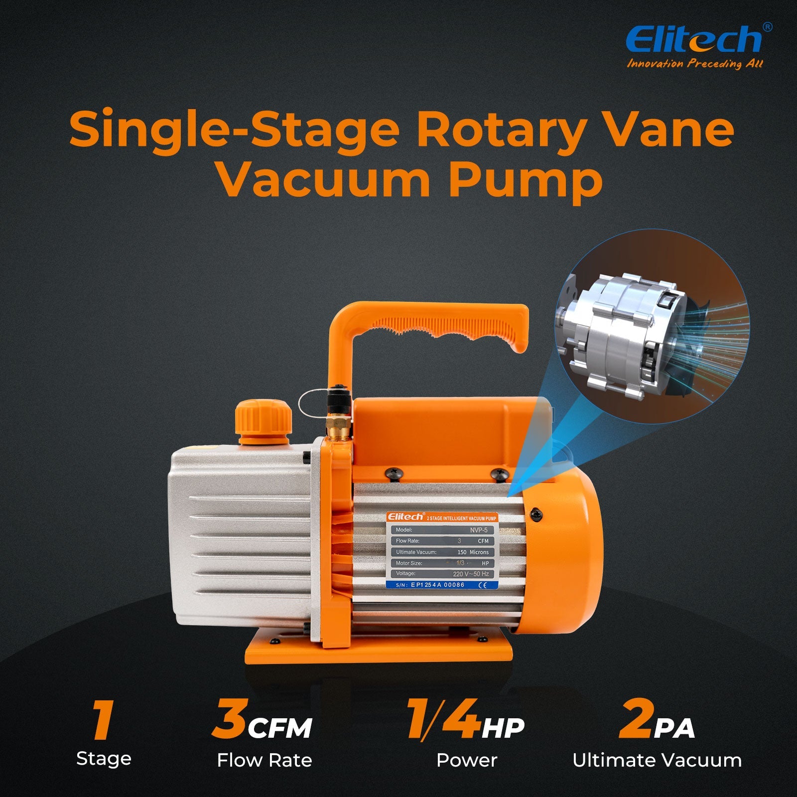 (Pre - order)Elitech NVP - 3 HVAC Vacuum Pump 3CFM 1.5L/S 1/4HP Single Stage Rotary Vane Air Vacuum Pump for HVAC and Refrigeration Systems, Durable and Easy to Maintain - Elitech Technology, Inc.