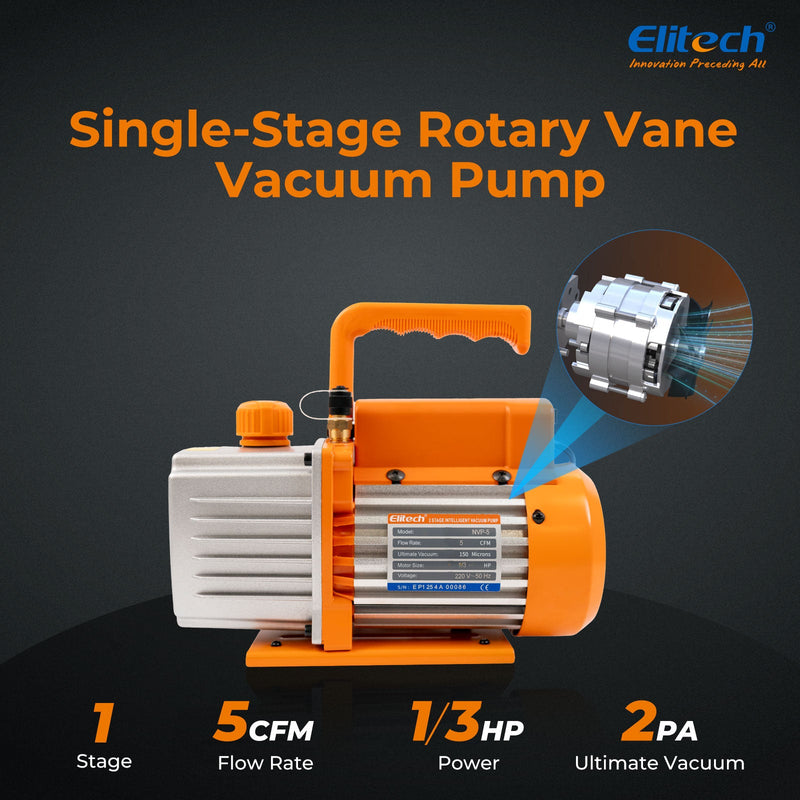 (Pre - order)Elitech NVP - 5 HVAC Vacuum Pump 5CFM 2L/S 1/3HP Single Stage Rotary Vane Air Vacuum Pump for HVAC and Refrigeration Systems, Durable and Easy to Maintain - Elitech Technology, Inc.