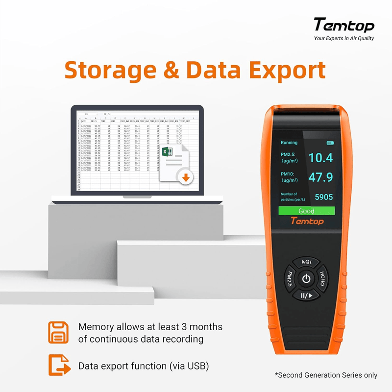 Temtop Air Quality Monitor Professional PM2.5 PM10 Particle Counter LKC - 1000S 2nd, Formaldehyde, Temperature, Humidity, AQI Tester for Indoor/Outdoor Air Pollution Detection w/Data Export - Elitech Technology, Inc.