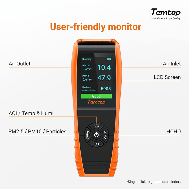 Temtop Air Quality Monitor Professional PM2.5 PM10 Particle Counter LKC - 1000S 2nd, Formaldehyde, Temperature, Humidity, AQI Tester for Indoor/Outdoor Air Pollution Detection w/Data Export - Elitech Technology, Inc.