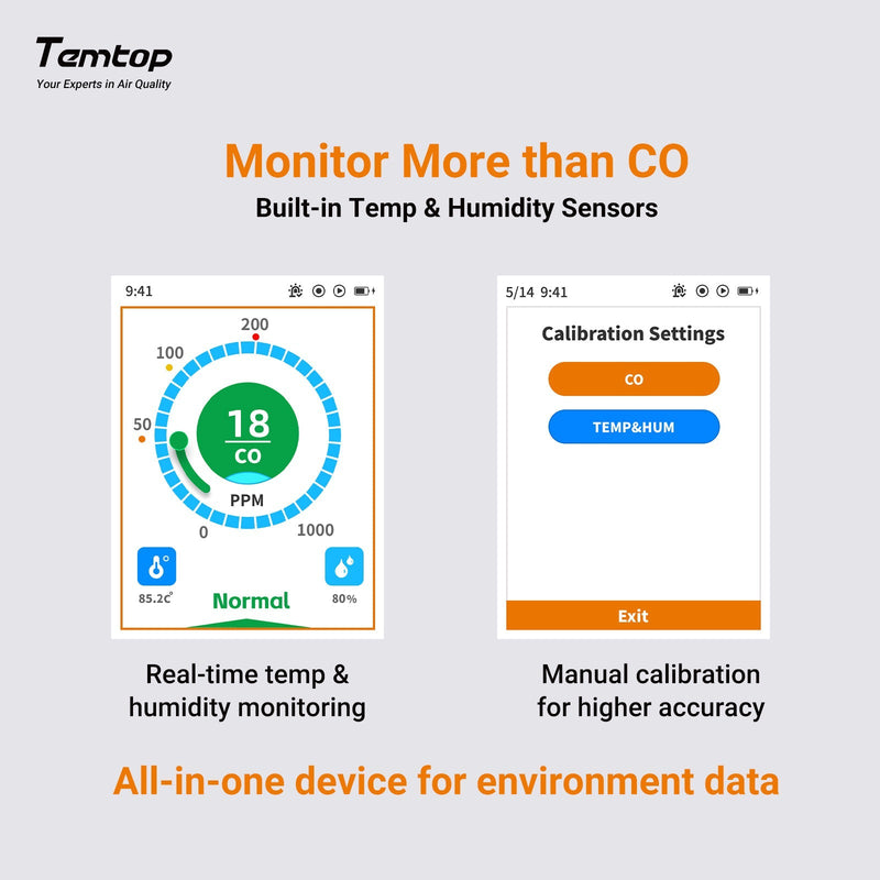 Temtop LKC - 1000C Portable CO Detector with TFT Color LCD Screen, USB Data Export, Calibration, and Adjustable Alarm Threshold - Temtop