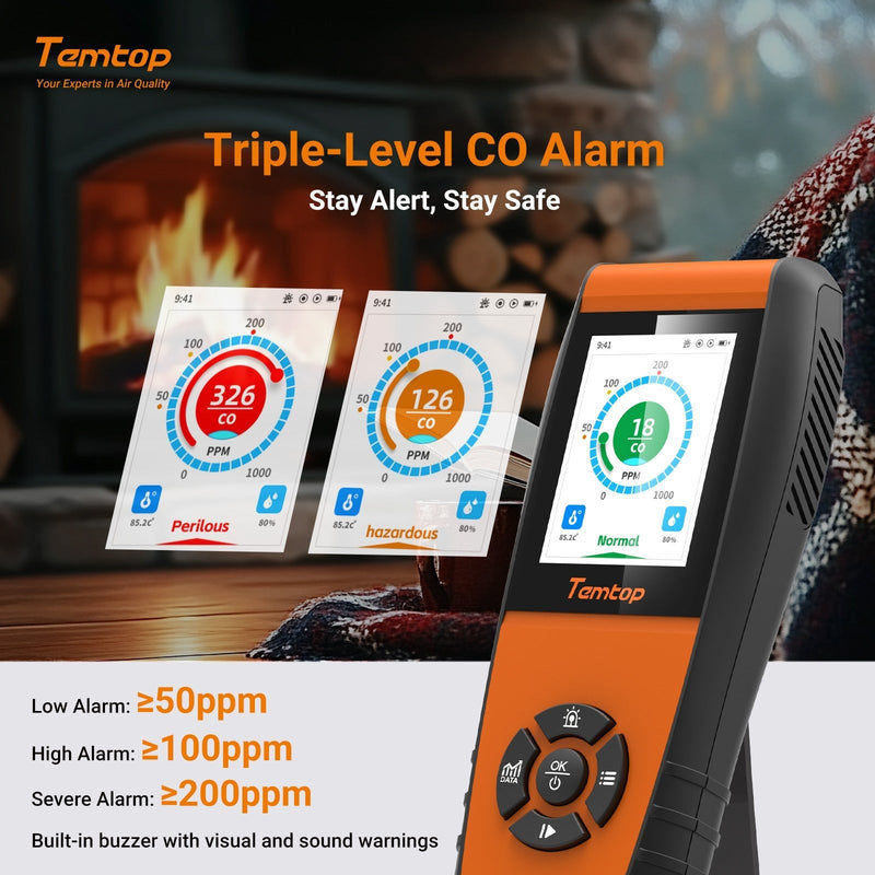 Temtop LKC - 1000C Portable CO Detector with TFT Color LCD Screen, USB Data Export, Calibration, and Adjustable Alarm Threshold - Temtop