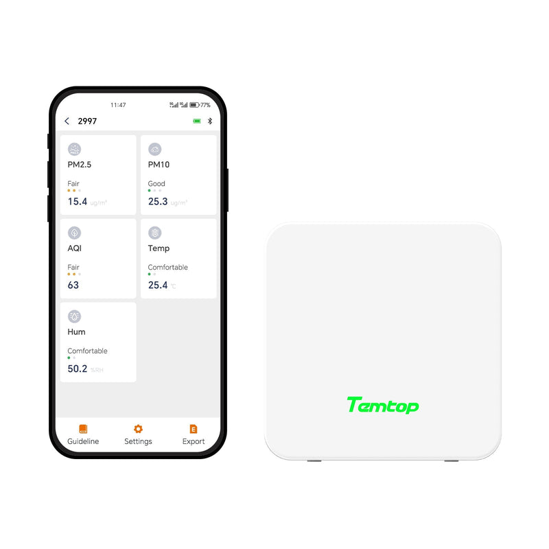 Temtop P1 Air Quality Monitor – PM2.5, PM10, Temp & Humidity Detector with Real - Time AQI & Bluetooth App - Temtop