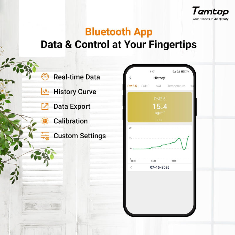 Temtop P1 Air Quality Monitor – PM2.5, PM10, Temp & Humidity Detector with Real - Time AQI & Bluetooth App - Temtop