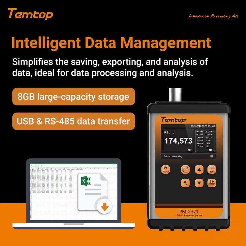 Temtop PMD 371 Aerosol Monitor Handheld Particle Counter Dust Monitor, Seven Outputs of Particle Numbers, Concentrations of Five Particles Types - Elitech Technology, Inc.