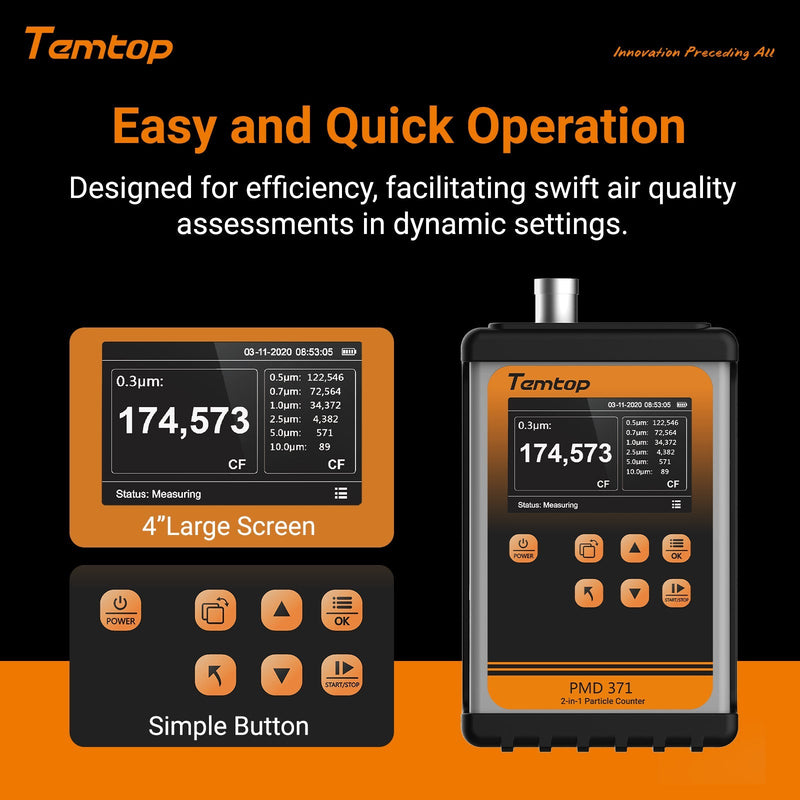 Temtop PMD 371 Aerosol Monitor Handheld Particle Counter Dust Monitor, Seven Outputs of Particle Numbers, Concentrations of Five Particles Types - Elitech Technology, Inc.