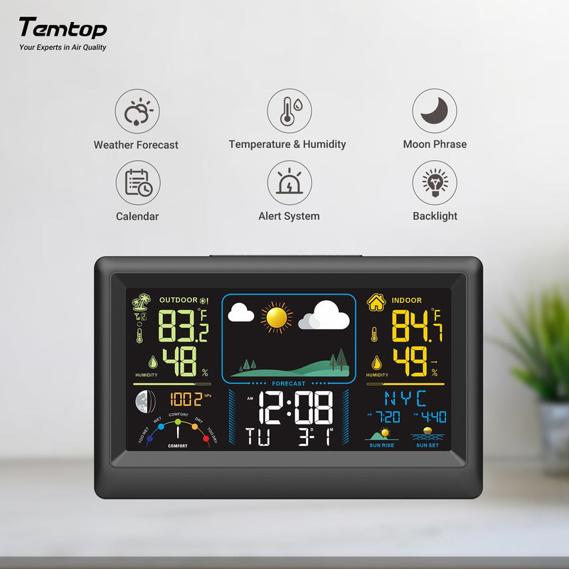 Temtop Weather Station W100 – Multifunctional Weather Station with Indoor/Outdoor Temperature, Humidity, Atmospheric Pressure, Weather Forecast, Moon Phase, and Alarm Features - Temtop