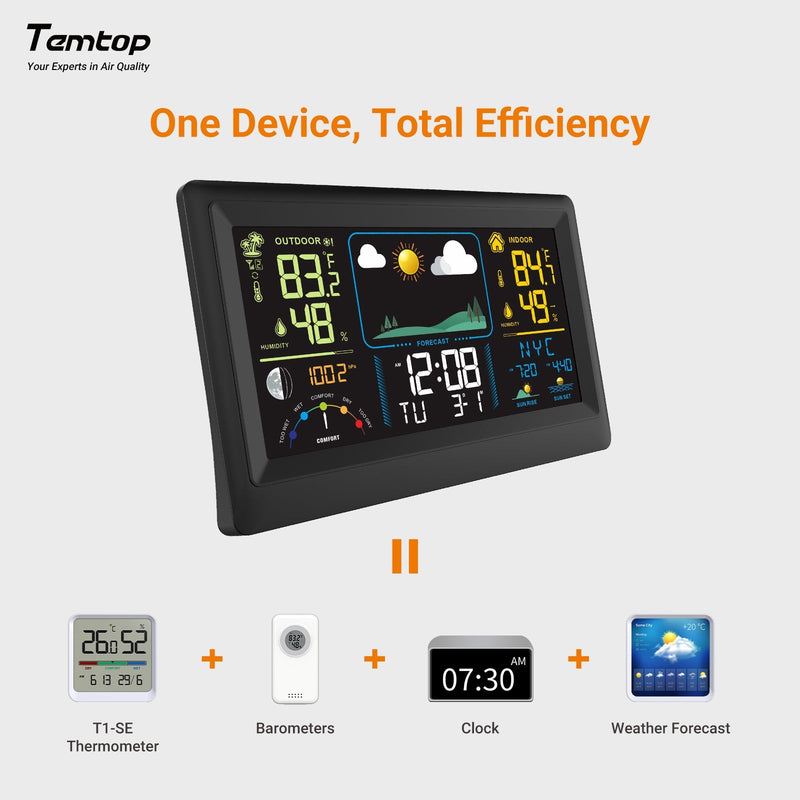 Temtop Weather Station W100 – Multifunctional Weather Station with Indoor/Outdoor Temperature, Humidity, Atmospheric Pressure, Weather Forecast, Moon Phase, and Alarm Features - Temtop