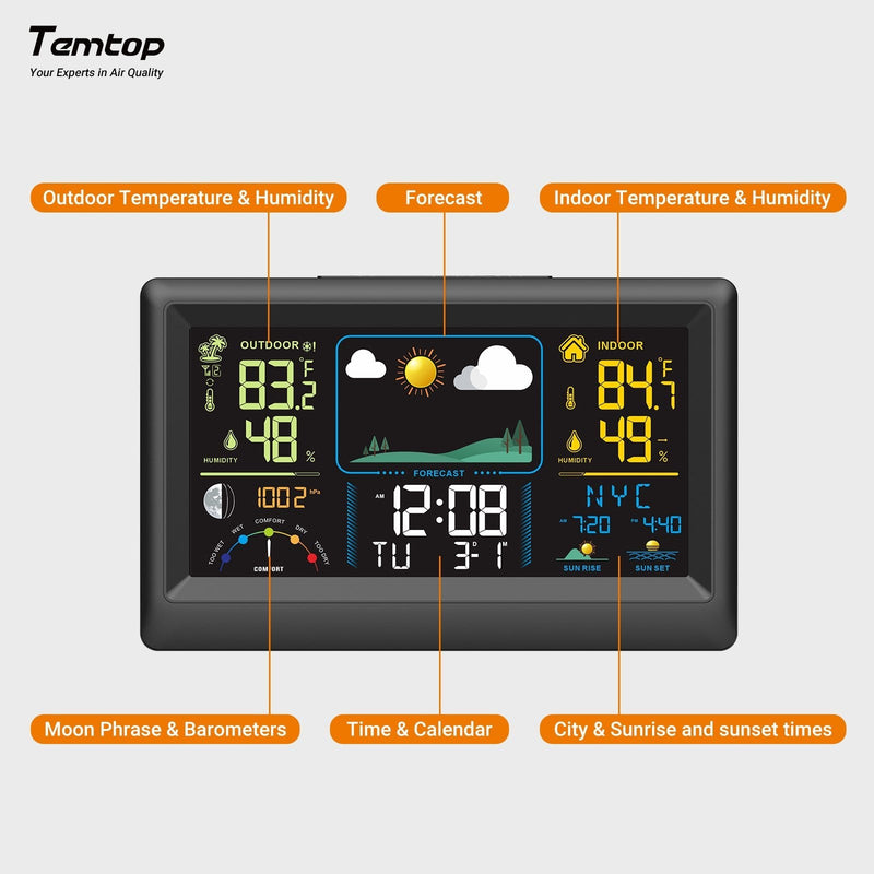 Temtop Weather Station W100 – Multifunctional Weather Station with Indoor/Outdoor Temperature, Humidity, Atmospheric Pressure, Weather Forecast, Moon Phase, and Alarm Features - Temtop