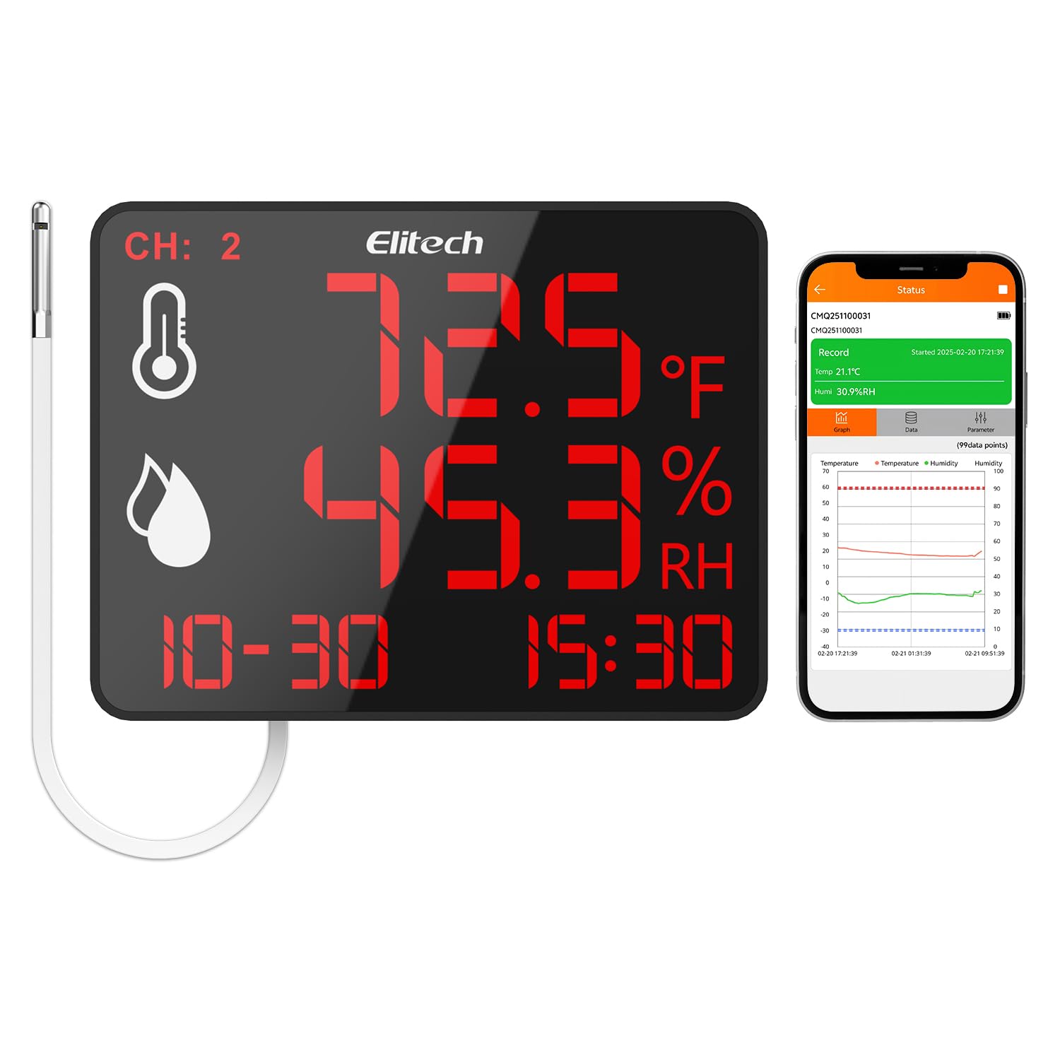 Elitech High Accuracy Digital Hygrometer Thermometer Data Logger 30000 Points, Humidity Temperature Monitor With Calibration Certificate for Audit, For Greenhouse/ Warehouse/ Lab/ Hospital DR-230/DR-230W