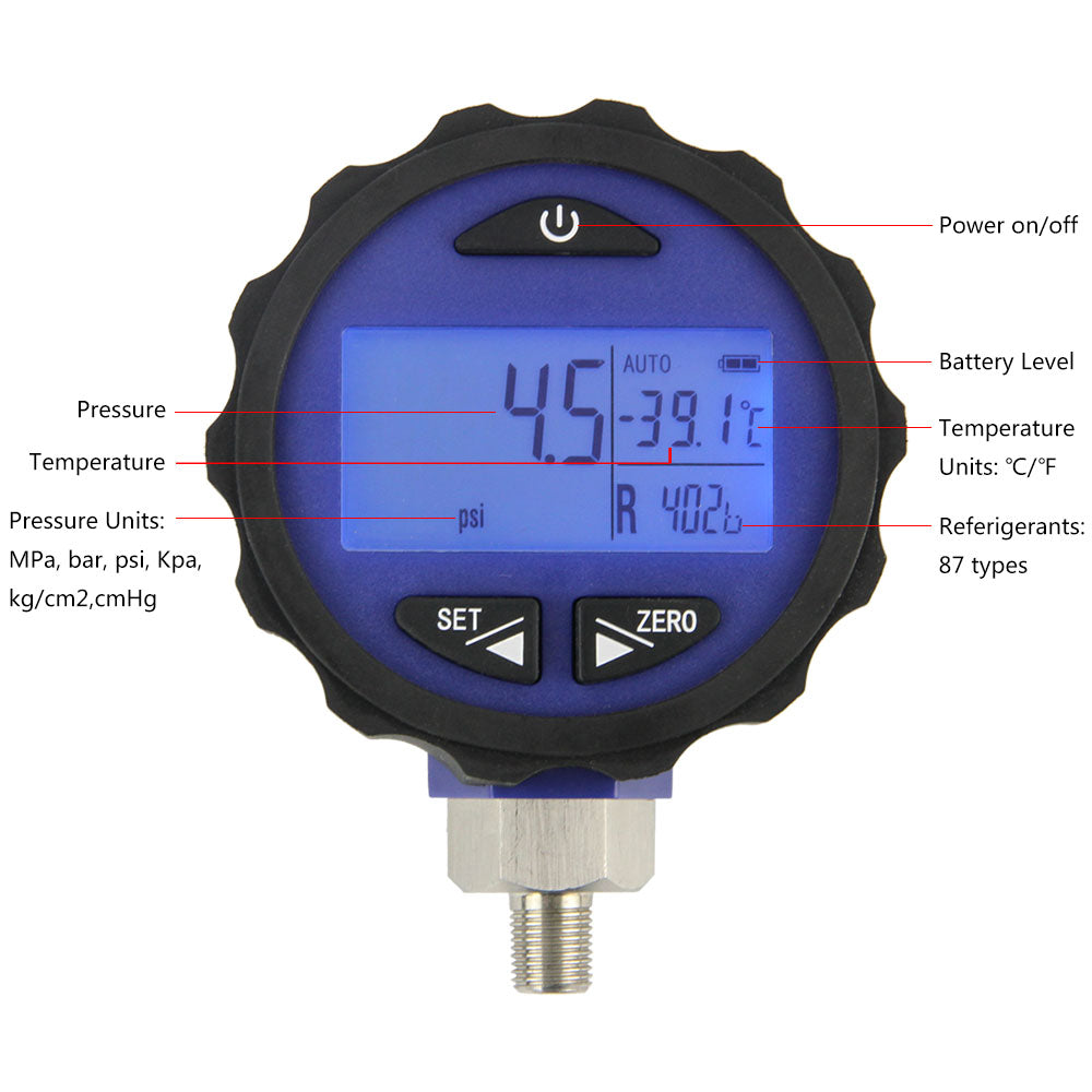 Elitech PG-30Pro Blue Refrigeration HVAC Digital Pressure Gauge for 87+ Refrigerants with Backlight 0-500 PSI 1/8 NPT - Elitechustore