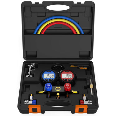 Elitech DMG-3 AC Manifold Gauge Set 2 Way Fits R134A R410A and R22 Refrigerants with Hoses Coupler Adapters+ Carrying Case -1