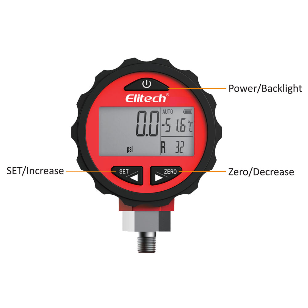 Elitech SMG-1H Refrigeration HVAC Digital Pressure Gauge for 87+ Refrigerants with Backlight -14.5-800 PSI