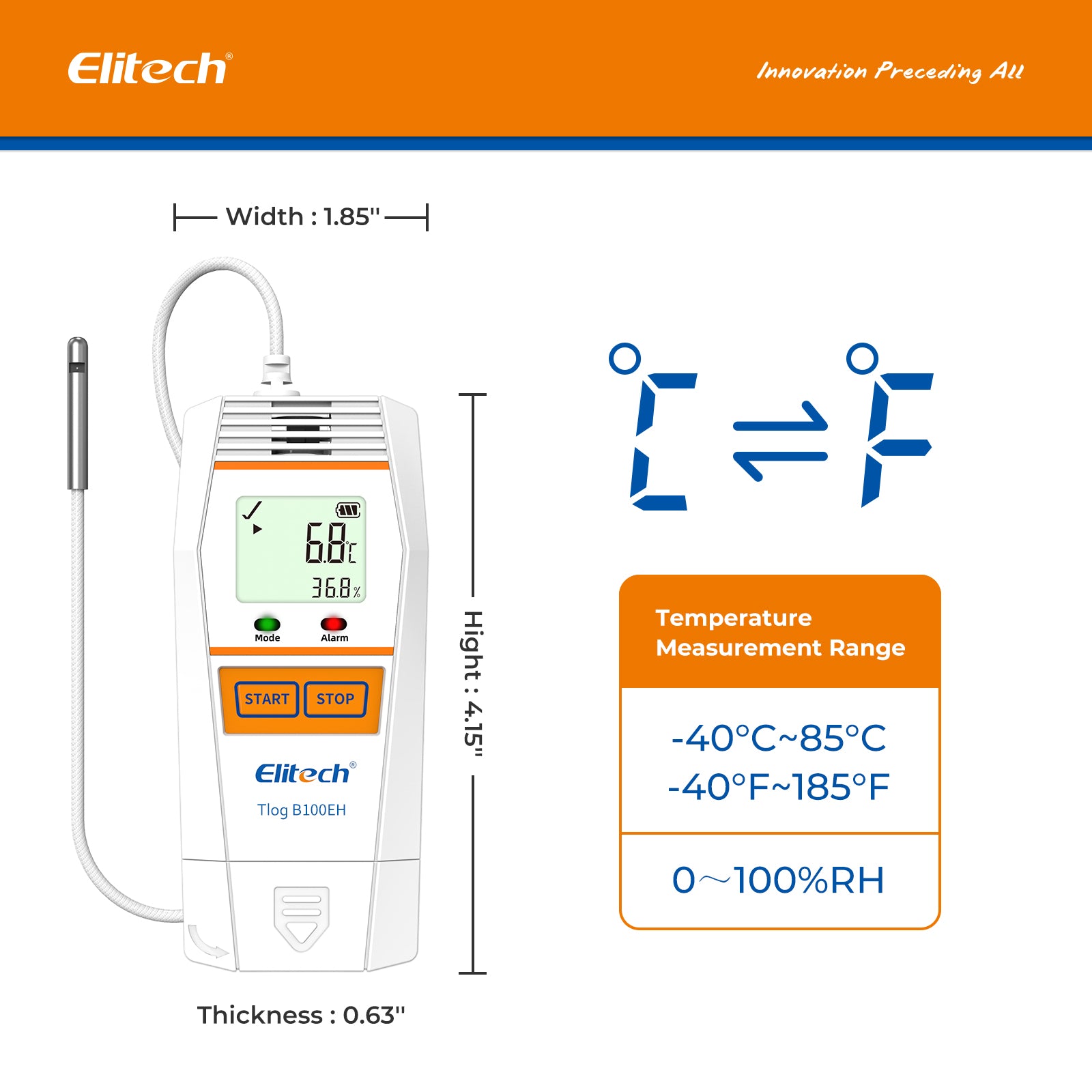 Elitech Tlog B100EH Temperature and Humidity Data Logger Wireless Reusable PDF Report External Sensor 32000 Points