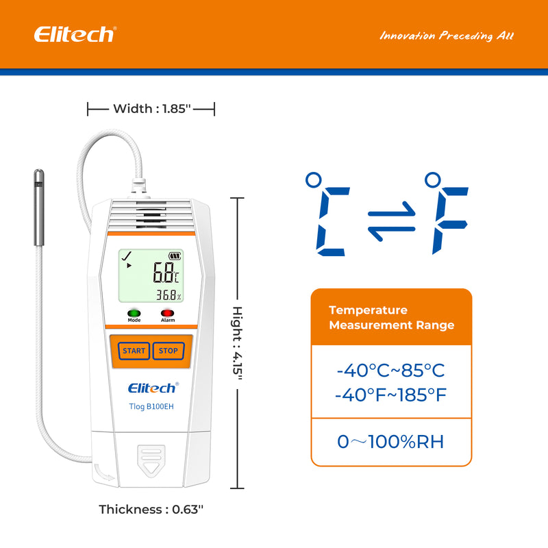 Elitech Tlog B100EH Enregistreur de données de température et d'humidité Rapport PDF réutilisable sans fil Capteur externe 32000 points