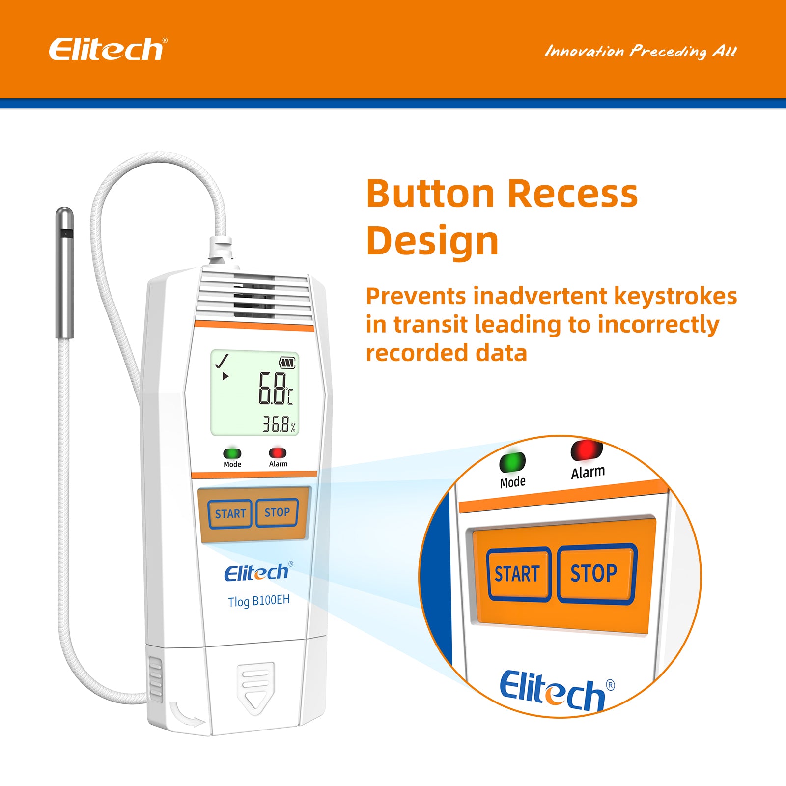 Elitech Tlog B100EH Temperature and Humidity Data Logger Wireless Reusable PDF Report External Sensor 32000 Points