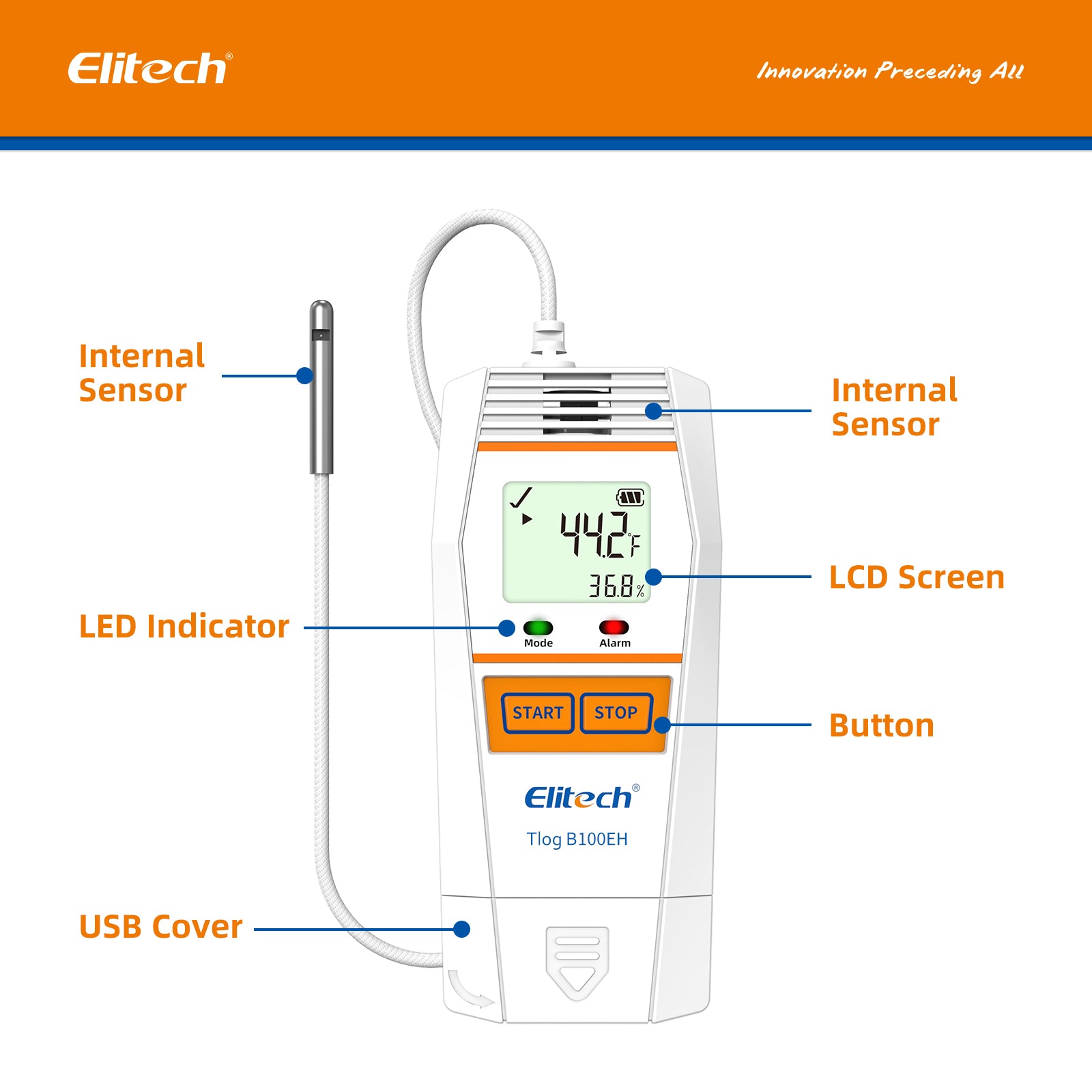 Elitech Tlog B100EH Temperature and Humidity Data Logger Wireless Reusable PDF Report External Sensor 32000 Points