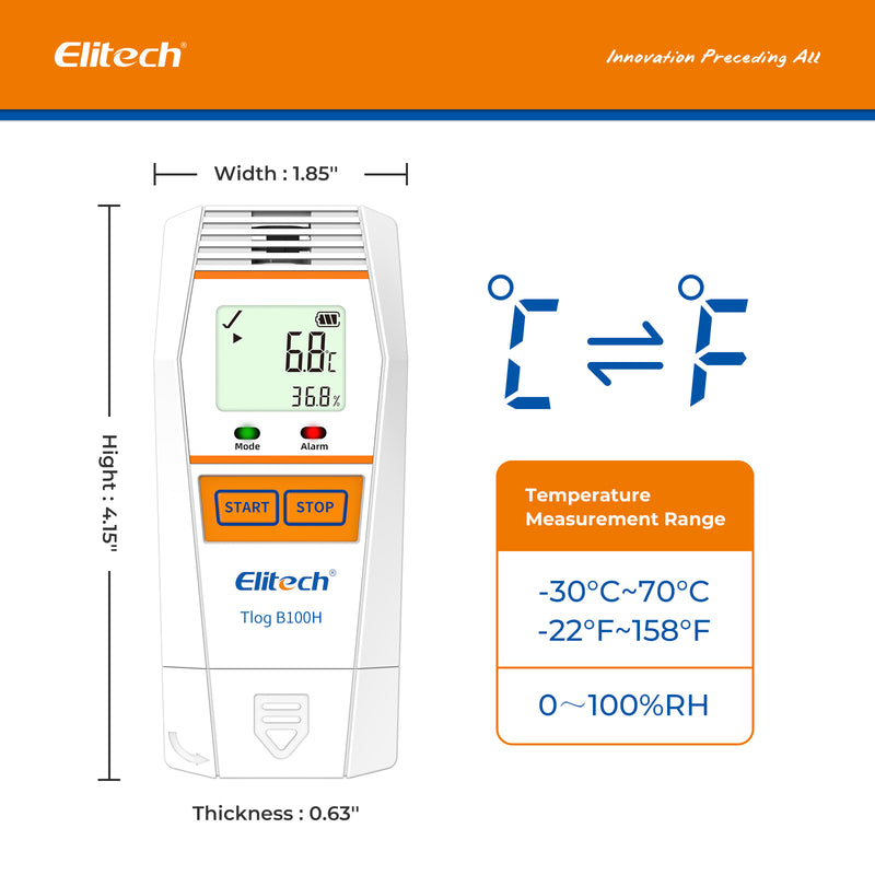 Elitech Tlog B100H Enregistreur de données de transport USB de température et d'humidité sans fil avec écran LCD
