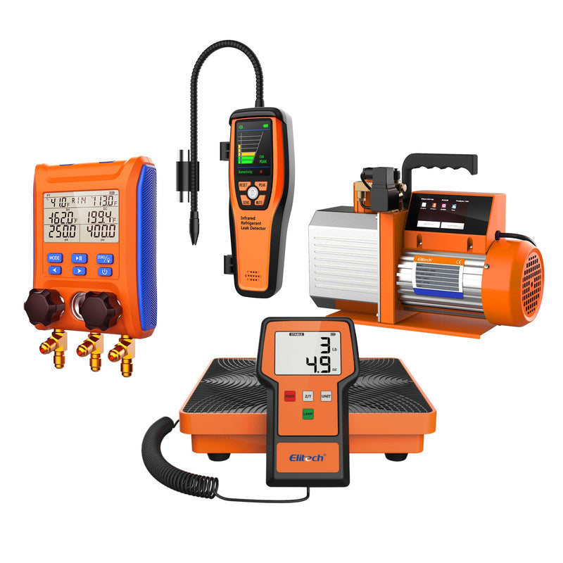 Elitech Air-Conditioning Repair Solution Pack -Infrared Leak Detector ILD-200+ HVAC Scale LMC-100A+HVAC Digital Manifold Gauge LMG-10+Vacuum Pump SVP-7 - Elitech Technology, Inc.