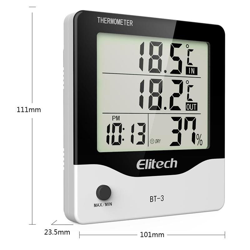 Elitech BT-3 LCD Indoor/Outdoor Digital Hygrometer Thermometer Humidity Monitor with Clock and Min/Max Value - Elitechustore