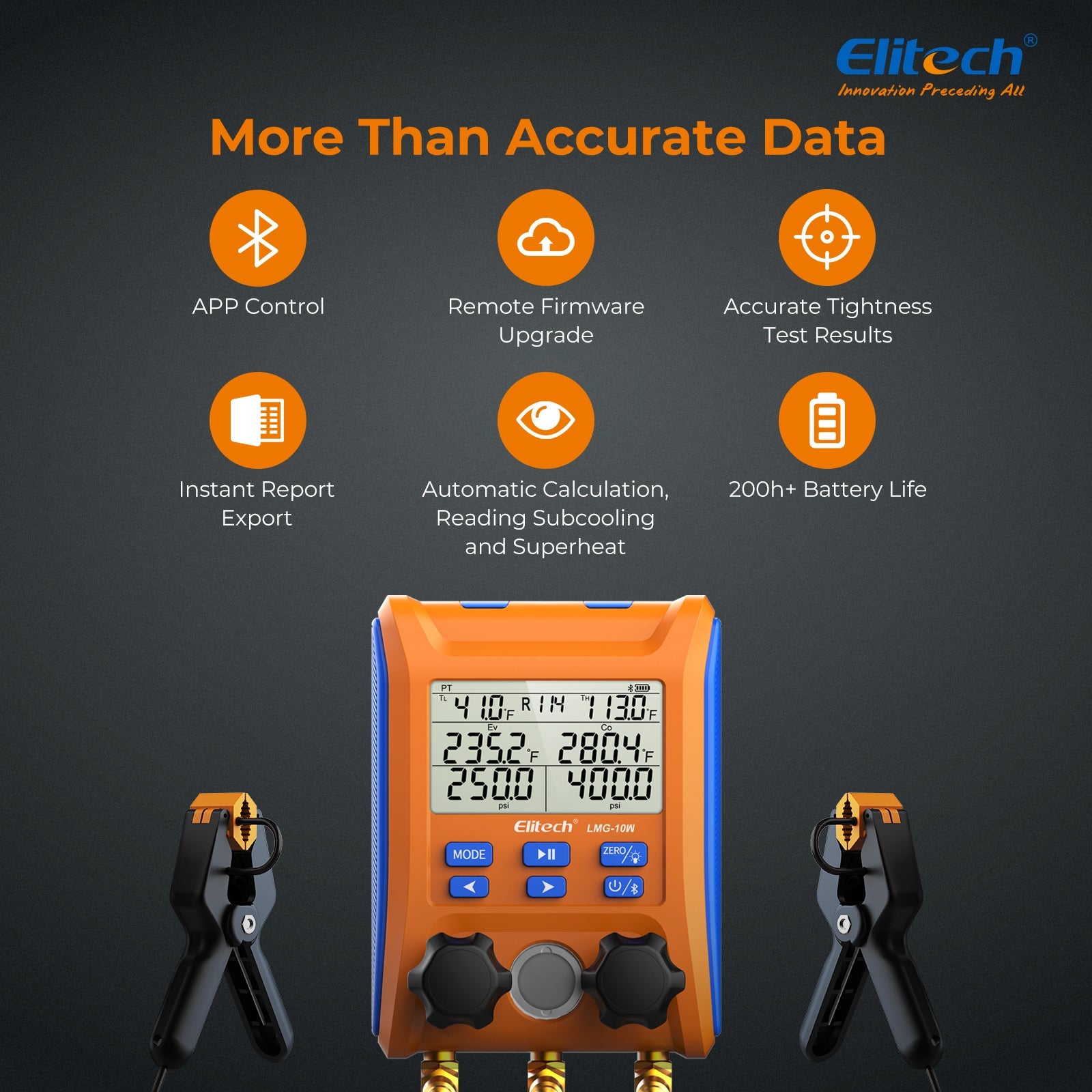 Elitech Digital Manifold Gauge 2-way Valve AC Gauges App Control with Thermometer Clamps for HVAC Systems, LMG-10W - Elitech Technology, Inc.
