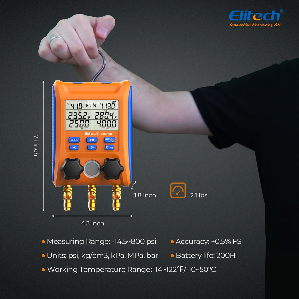 Elitech Digital Manifold Gauge HVAC 2-Way Valve with Thermometer Clamps LMG-10