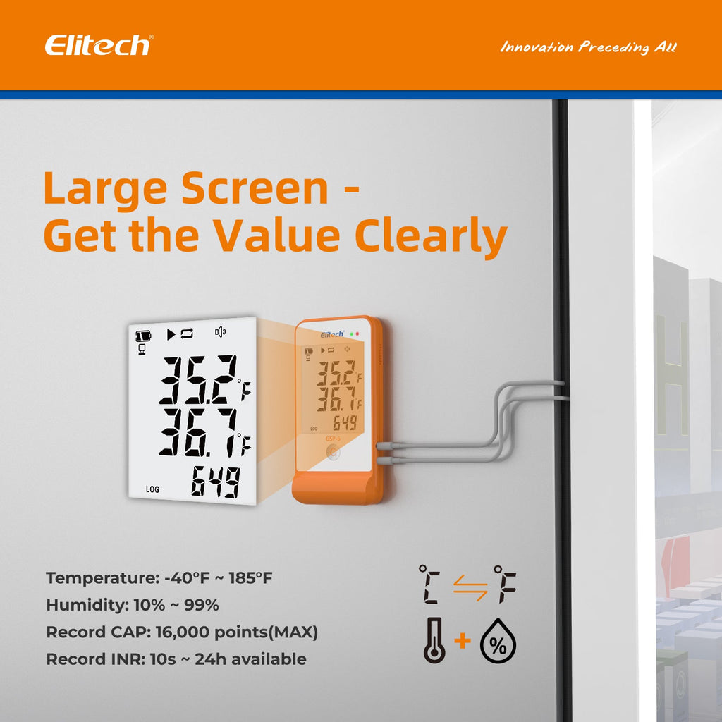 Elitech VT-10B Vaccine Thermometer with External Sensor Probe Refrigerator Freezer Thermometer for Incubator Cooler Pharmacy Audible Alarm