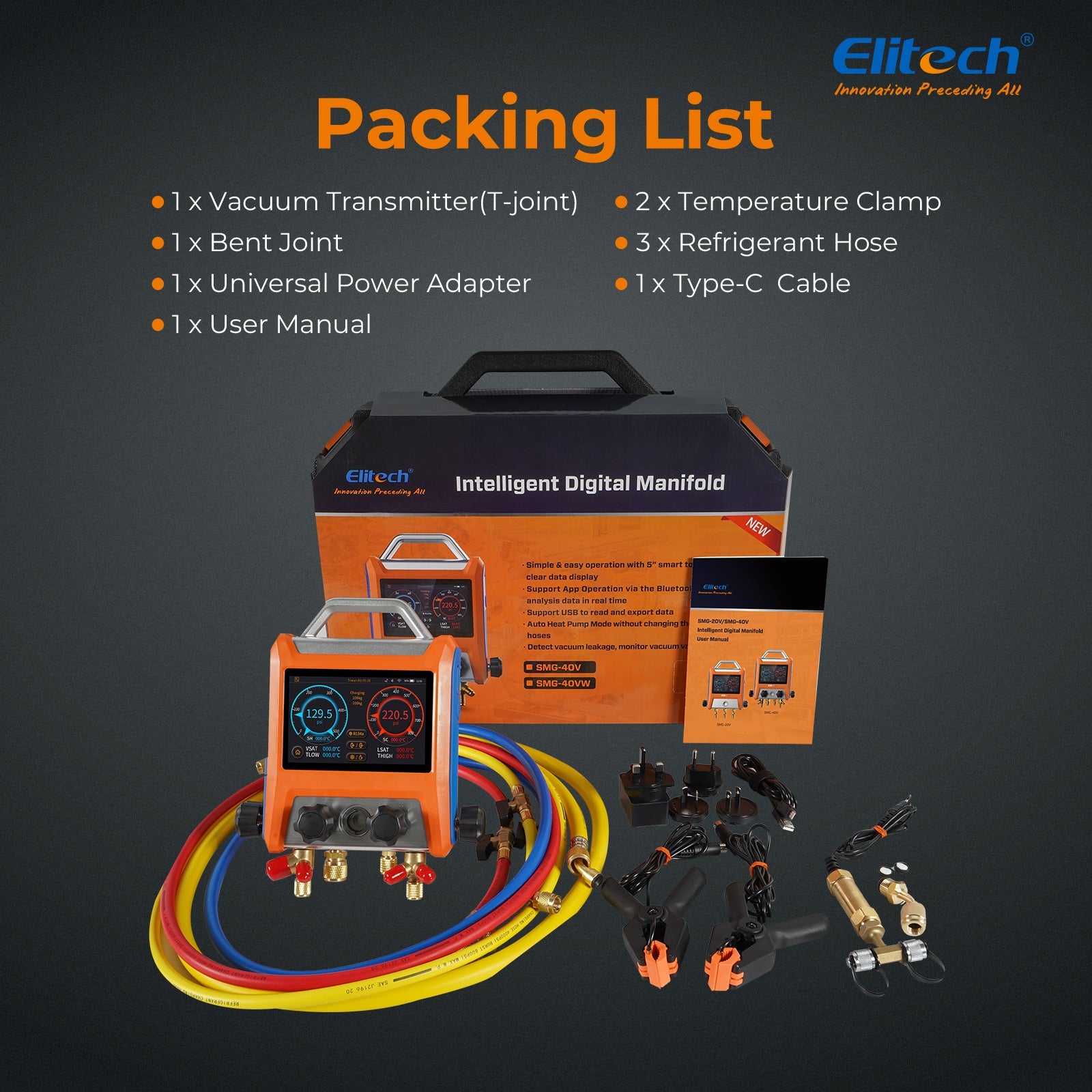 Elitech EMG-40V Intelligent HVAC Digital Manifold Gauge 4-Way Valve with Micron Gauge Transmitter - Elitech Technology, Inc.