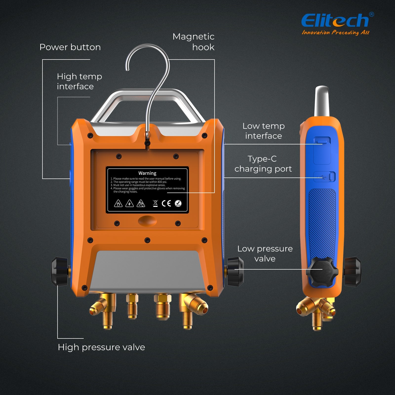 Elitech EMG-40V Intelligent HVAC Digital Manifold Gauge 4-Way Valve with Micron Gauge Transmitter - Elitech Technology, Inc.