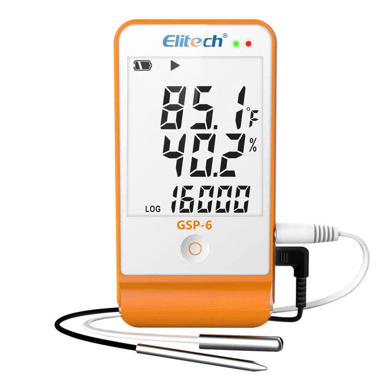 Elitech GSP-6 Digital Temperature and Humidity Data Logger Detachable Dual Probes -40℉ to 158℉ Max Accuracy up to ±0.6℉ Audio Alarm Calibration Certificate Max/Min Value Display - Elitech Technology, Inc.