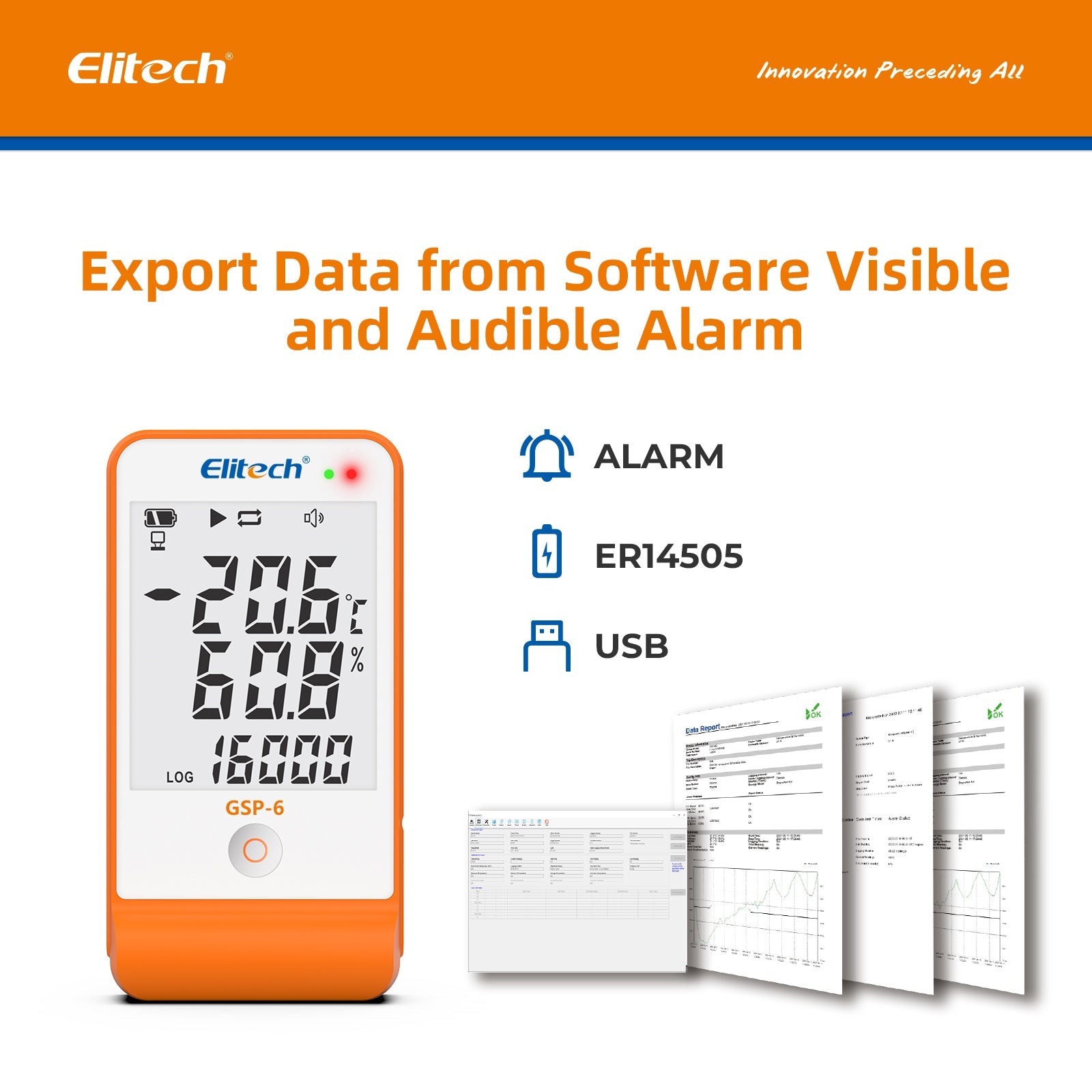 Elitech GSP-6 Digital Temperature and Humidity Data Logger Detachable Dual Probes -40℉ to 158℉ Max Accuracy up to ±0.6℉ Audio Alarm Calibration Certificate Max/Min Value Display - Elitech Technology, Inc.