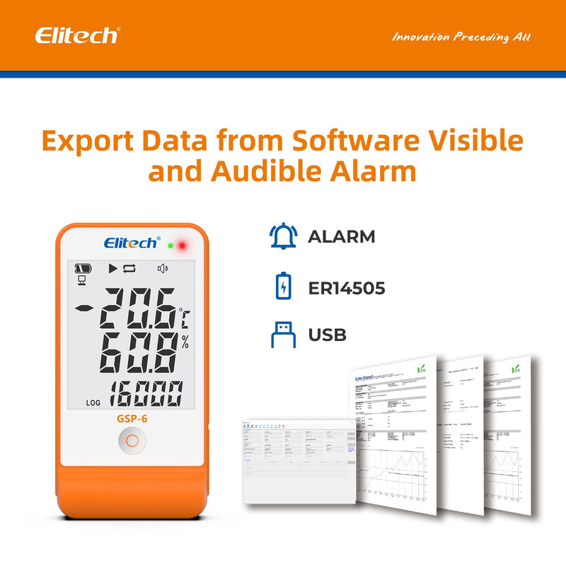 Elitech GSP-6 Digital Temperature and Humidity Data Logger Detachable Dual Probes -40℉ to 158℉ Max Accuracy up to ±0.6℉ Audio Alarm Calibration Certificate Max/Min Value Display - Elitech Technology, Inc.