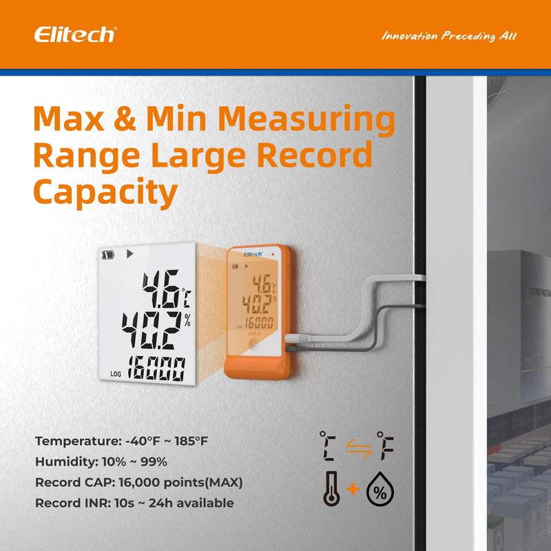 Elitech GSP-6 Digital Temperature and Humidity Data Logger Detachable Dual Probes -40℉ to 158℉ Max Accuracy up to ±0.6℉ Audio Alarm Calibration Certificate Max/Min Value Display - Elitech Technology, Inc.