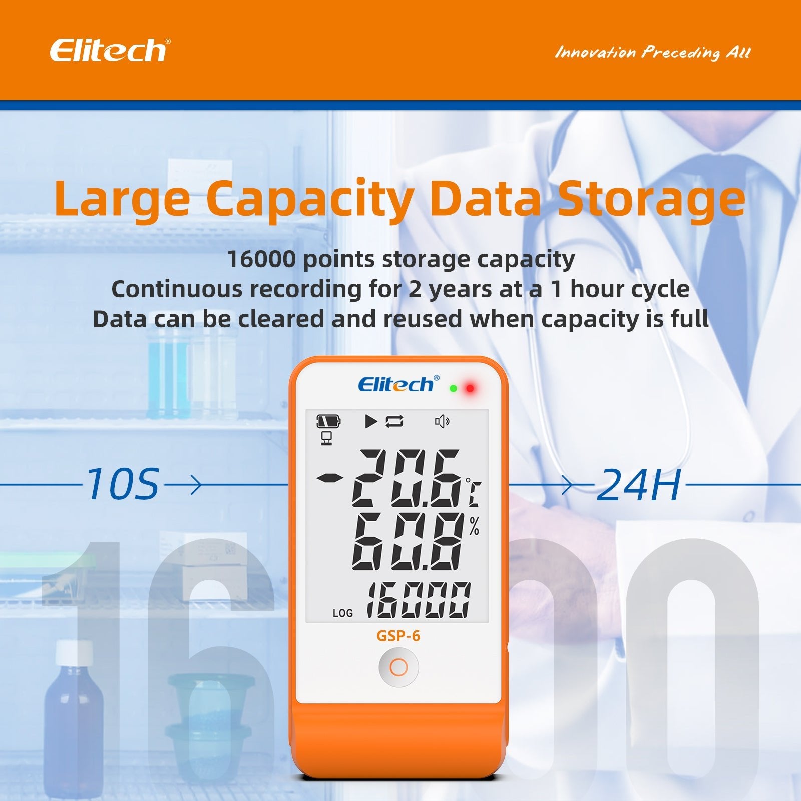 Elitech GSP-6 Digital Temperature and Humidity Data Logger Detachable Dual Probes -40℉ to 158℉ Max Accuracy up to ±0.6℉ Audio Alarm Calibration Certificate Max/Min Value Display - Elitech Technology, Inc.