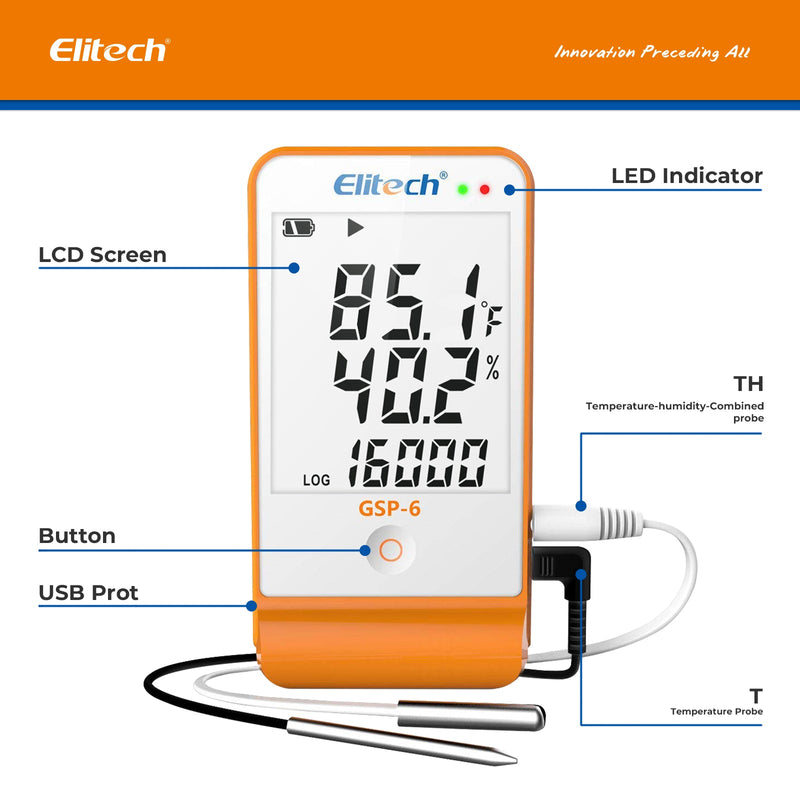Elitech GSP-6 Digital Temperature and Humidity Data Logger Detachable Dual Probes -40℉ to 158℉ Max Accuracy up to ±0.6℉ Audio Alarm Calibration Certificate Max/Min Value Display - Elitech Technology, Inc.
