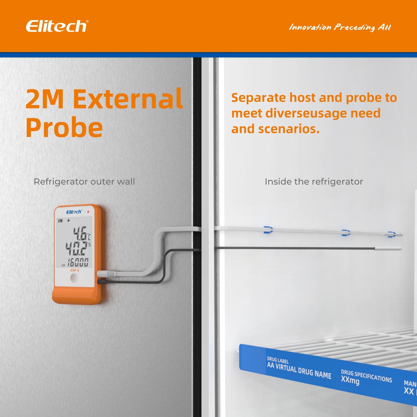 Elitech GSP-6 Digital Temperature and Humidity Data Logger Detachable Dual Probes -40℉ to 158℉ Max Accuracy up to ±0.6℉ Audio Alarm Calibration Certificate Max/Min Value Display - Elitech Technology, Inc.