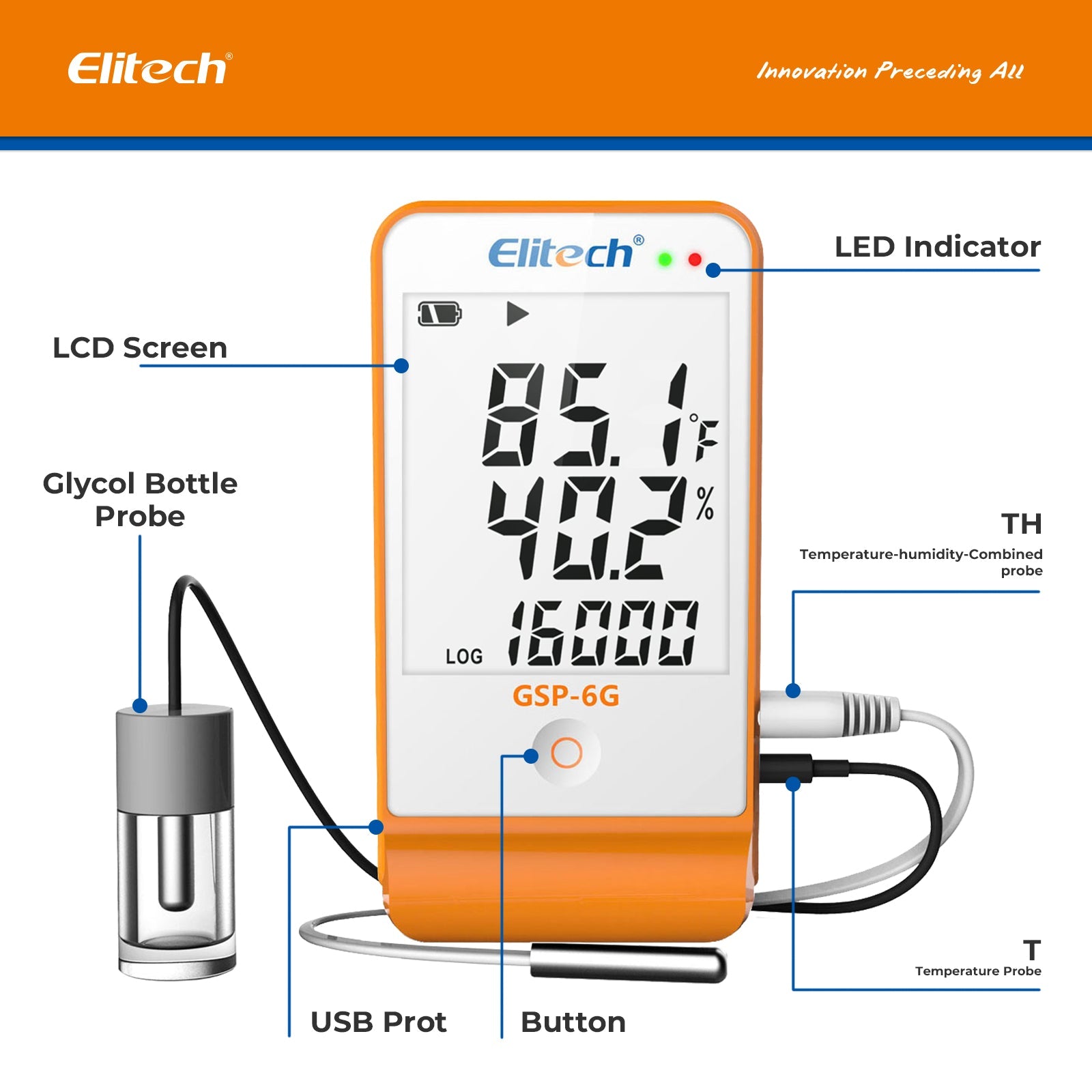Elitech GSP-6G Digital Temperature and Humidity Data Logger with Detachable Buffered Probe with Calibration Certificate - Elitech Technology, Inc.