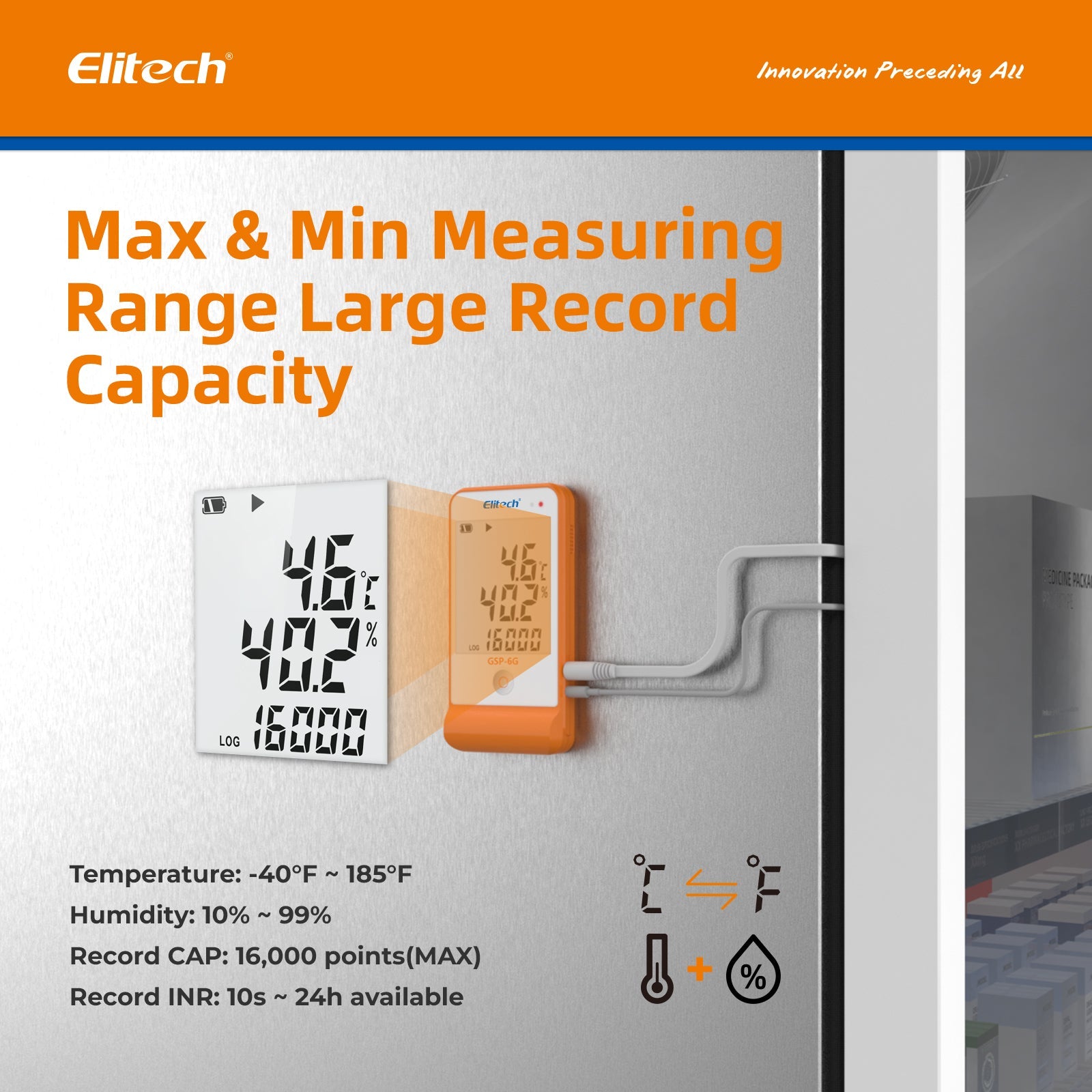 Elitech GSP-6G Digital Temperature and Humidity Data Logger with Detachable Buffered Probe with Calibration Certificate - Elitech Technology, Inc.