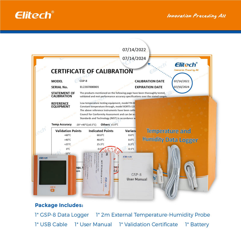 Elitech GSP-6G Digital Temperature and Humidity Data Logger with Detachable Buffered Probe with Calibration Certificate, Factory / 5 Pcs