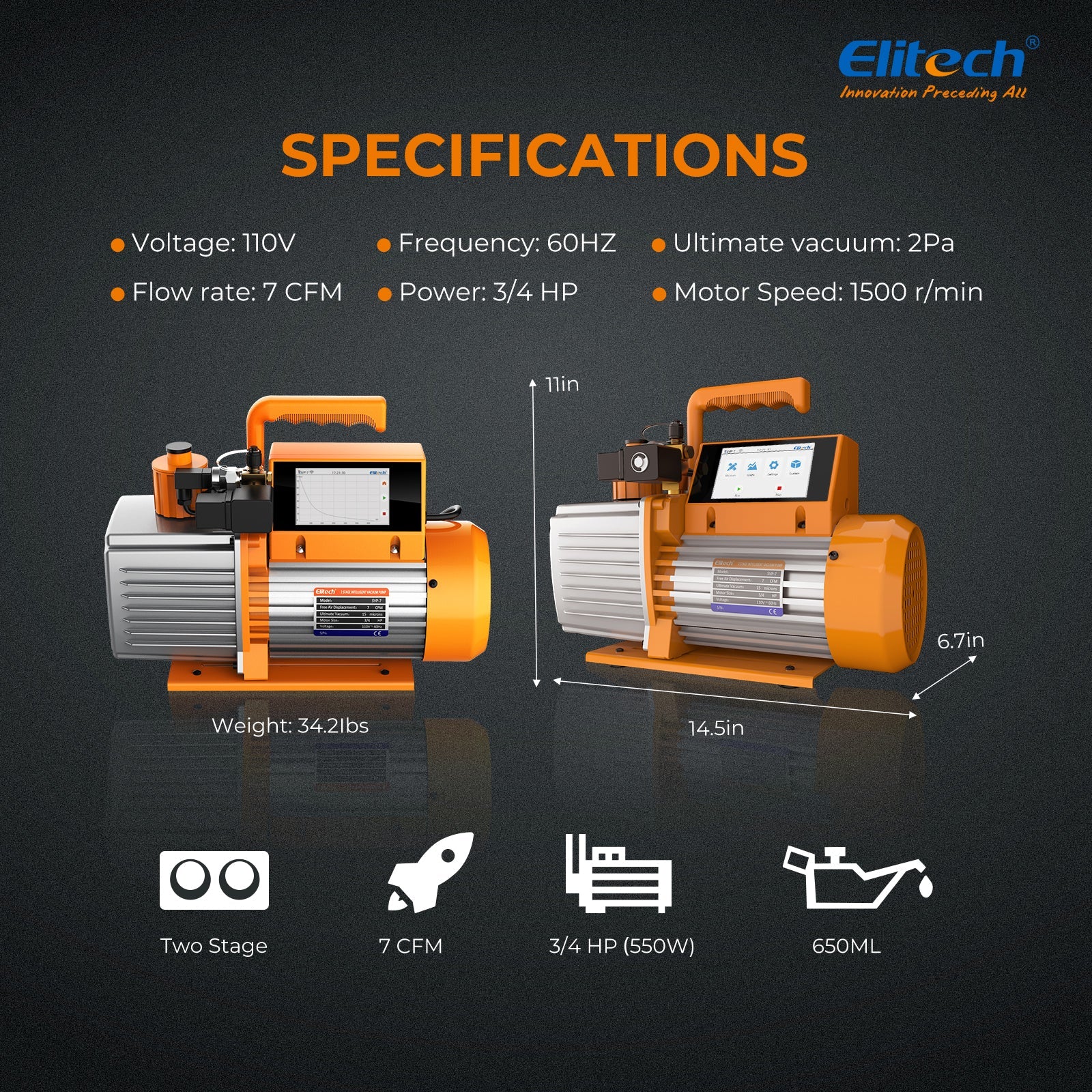 Elitech Intelligent HVAC Vacuum Pump 7 CFM 2 Stage Vacuum Gauge App Control, SVP-7 - Elitech Technology, Inc.