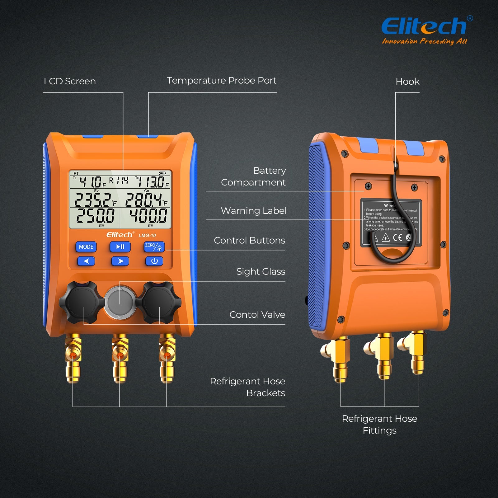 Elitech LMG-10 HVAC Digital Manifold Gauge 2 Valves with Thermometer Clamps - Elitech Technology, Inc.