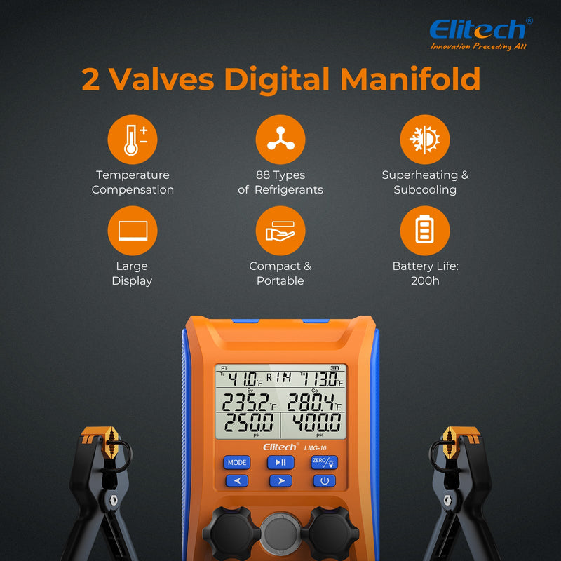 Elitech LMG-10 HVAC Digital Manifold Gauge 2 Valves with Thermometer Clamps - Elitech Technology, Inc.