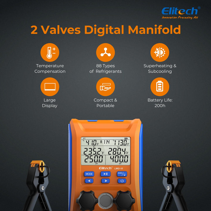 Elitech LMG-10 HVAC Digital Manifold Gauge 2 Valves with Thermometer Clamps - Elitech Technology, Inc.