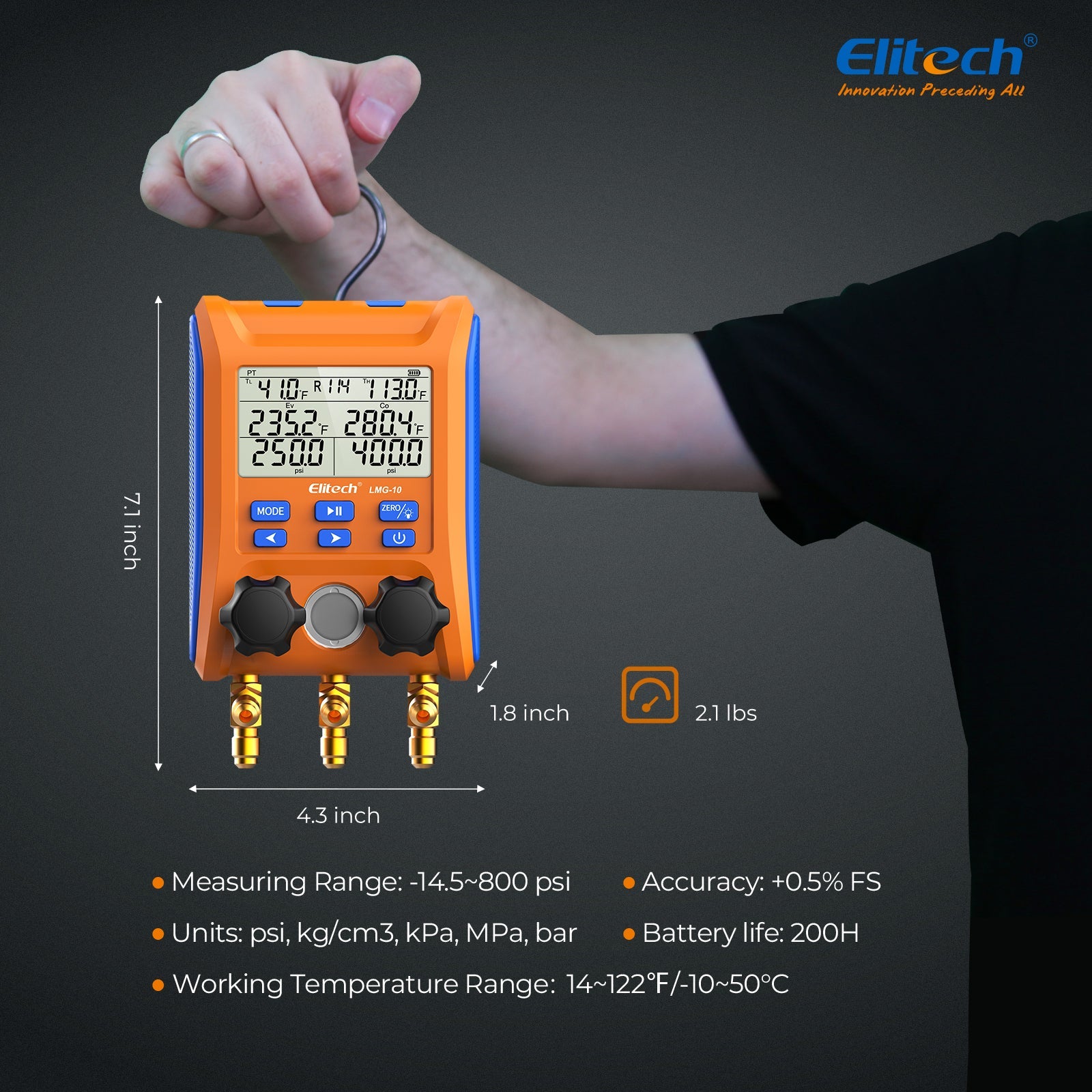 Elitech LMG-10 HVAC Digital Manifold Gauge 2 Valves with Thermometer Clamps - Elitech Technology, Inc.