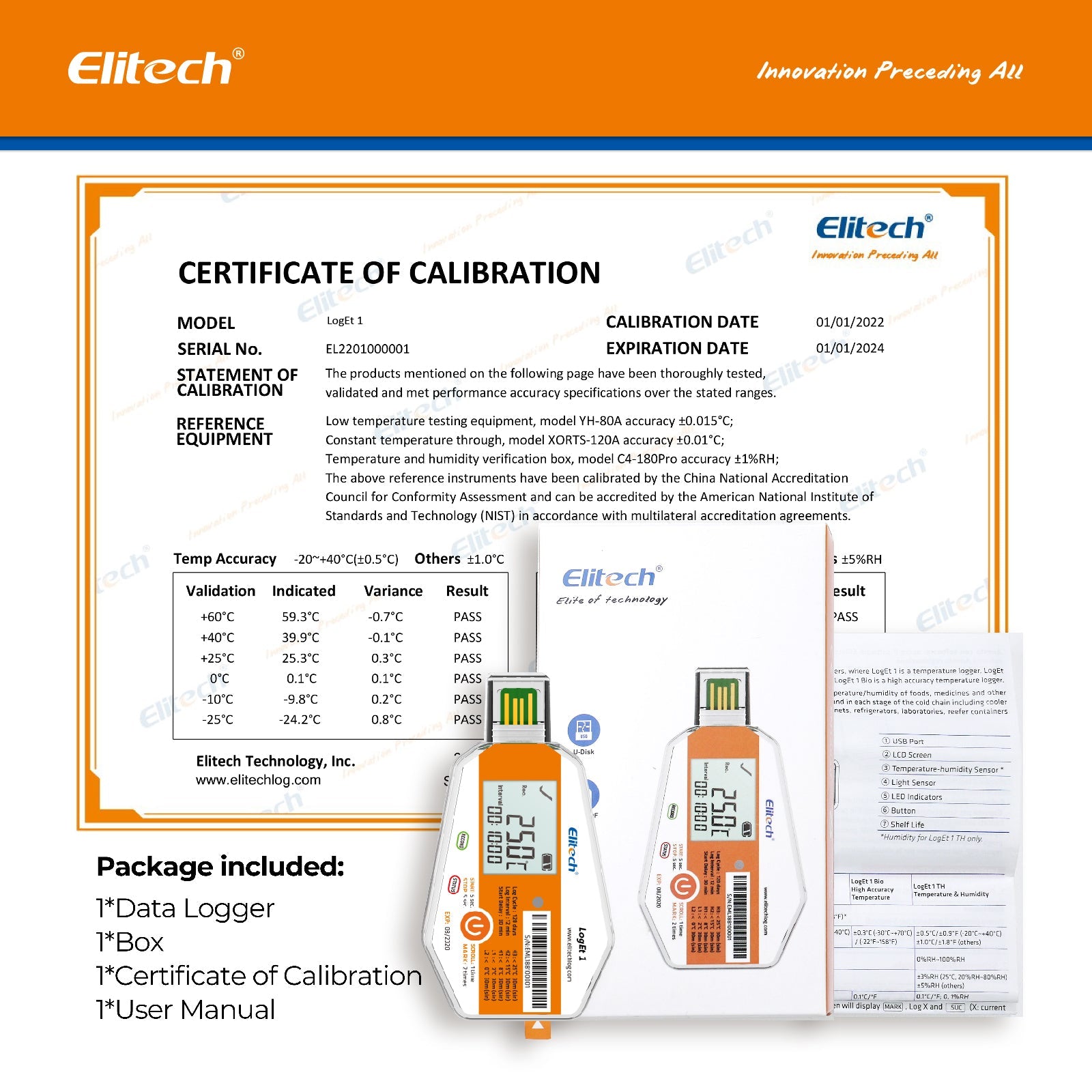 Elitech LogEt 1 Temperature Data Logger Single Use PDF Report USB Port 16000 Points - Elitech Technology, Inc.