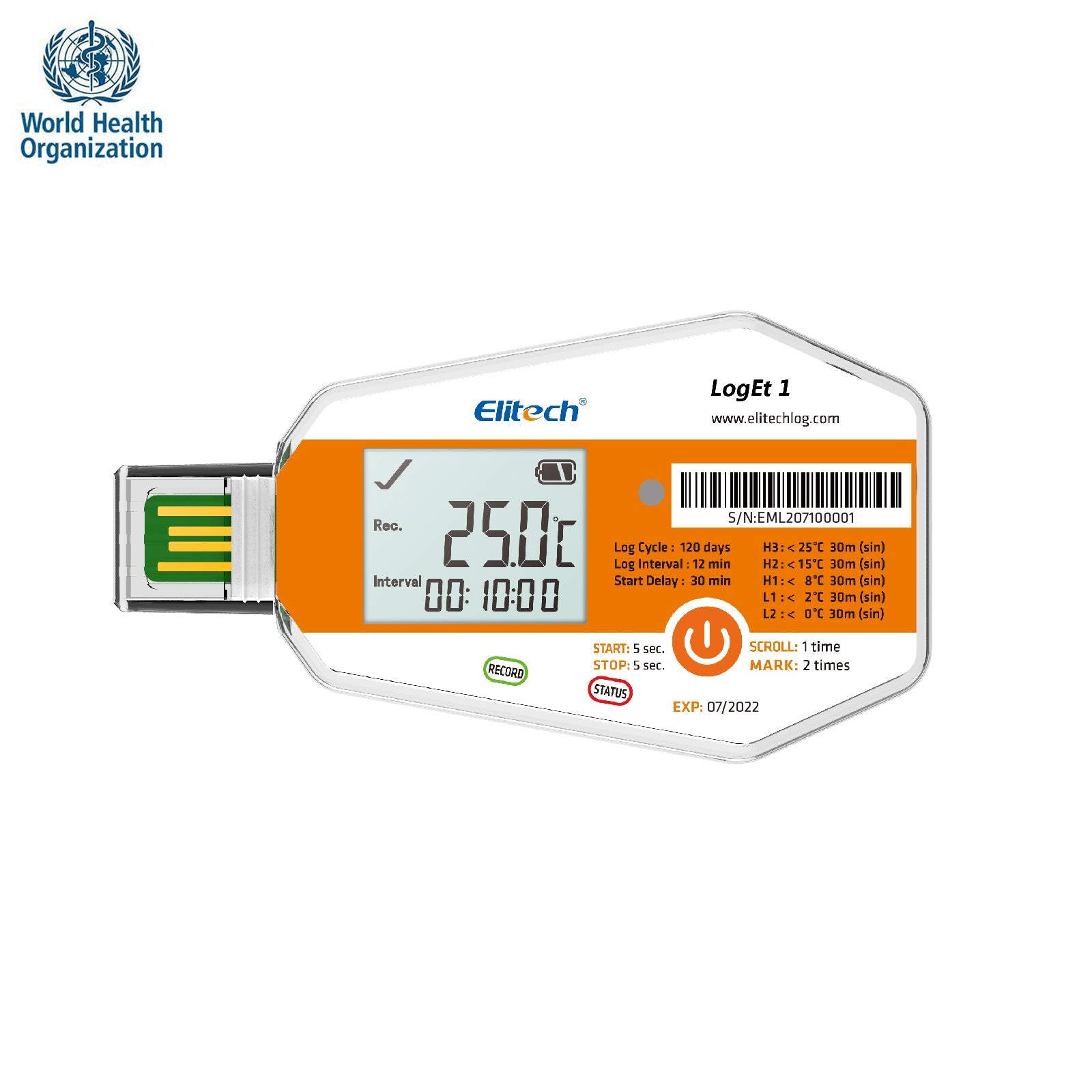 Elitech LogEt 1 Temperature Data Logger Single Use PDF Report USB Port 16000 Points - Elitech Technology, Inc.