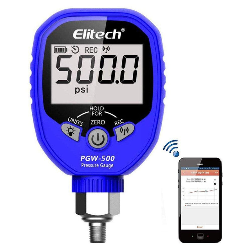 Elitech PGW-500 Wireless Digital Pressure Gauge with Temperature App Alerts for HVAC System IP65 Waterproof 0-500 PSI 1/8 NPT - Elitechustore