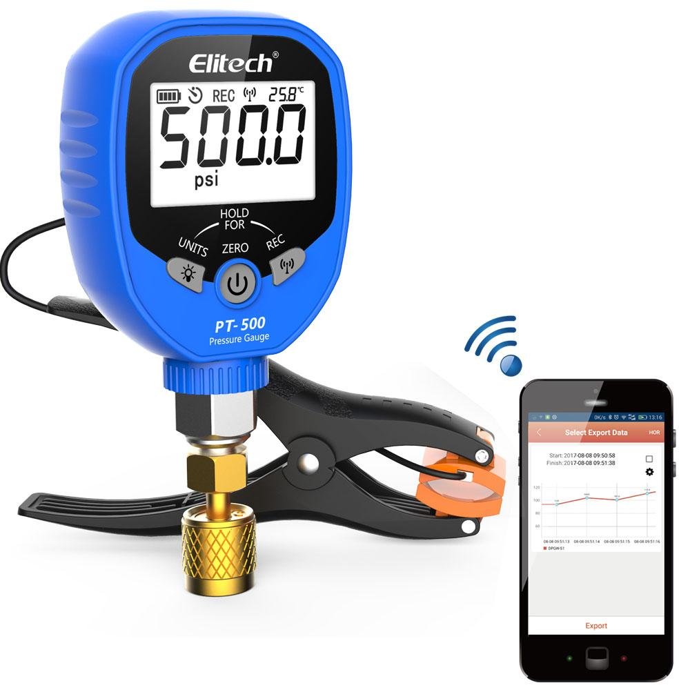 Elitech PT-500 Wireless Refrigeration Pressure Gauge HVAC A/C Pressure Temperature Gauge with Removable Temperature Test Clip 1/8'' NPT - Elitech Technology, Inc.